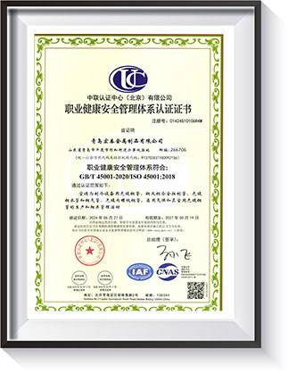 职业健康安全治理系统认证证书